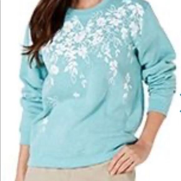 New with Tags Karen Scott Aqua with Flowers Sweatshirt, XSmall - Picture 1 of 4